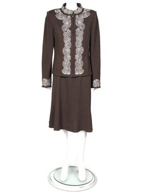 Vtg St. John Collection 2Pc Brown Embroidered Knit Jacket Skirt Suit sz 10 /373